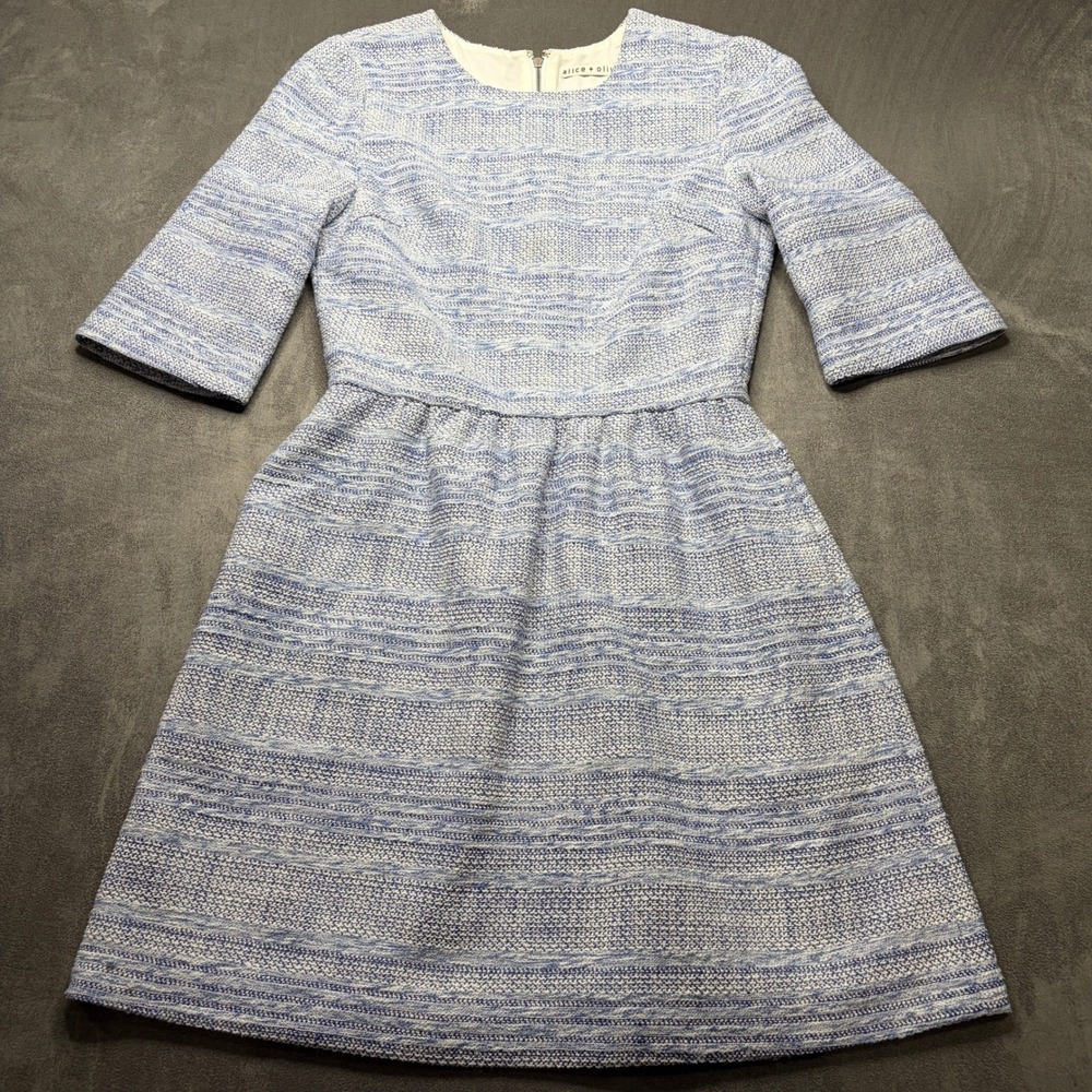 Alice+Olivia Dress Women 2 Blue Tweed Fit & Flare Half Sleeve Lined Knee Length